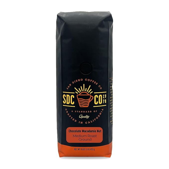 San Diego Coffee Chocolate Macadamia Nut, Medium Roast, Ground Coffee, 16-Ounce Bag Café molido tostado