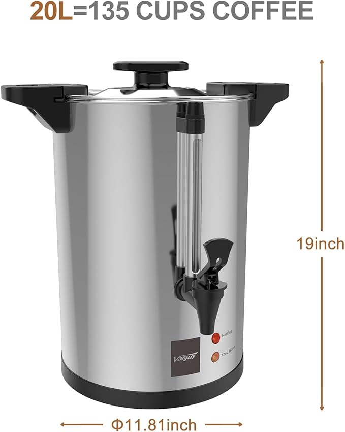 Valgus Commercial Stainless Steel Coffee Urn 135-Cup 20L Large Capacity Coffee Maker Electric Hot Water Bottles with Percolator Automatic Temperature Control for Large Events, Parties, Weddings