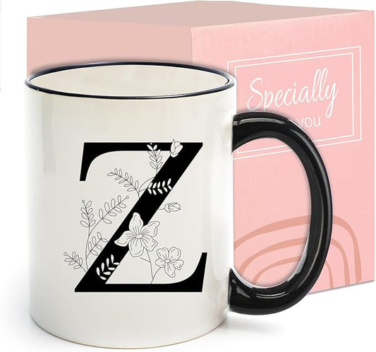 Monogram Ceramic Coffee Mugs, 11 oz Initial Drinking Cup with Gift Box, Unique Birthday Valentines Day Gifts for Women Wife Mothers Day Grandma Mom Aunt, Z