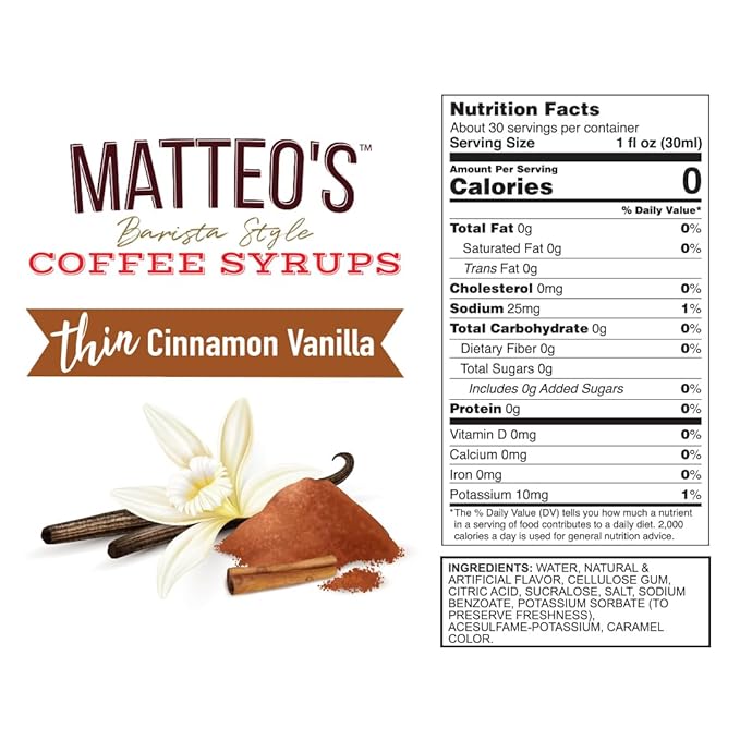Matteo's Cinnamon Vanilla Syrup for Coffee, Lattes, Cappuccinos & Desserts – Sugar-Free Sweetener for Beverages, Keto Friendly, Zero Calories, Indulgent Flavor, Non-Alcoholic, 33.8oz (6pk)