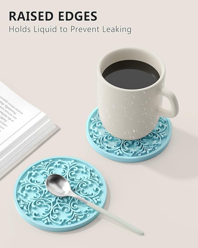 Drink Coasters, Coasters Set of 6 for Cup with Holder, Non-Slip Silicone Cup Mats for Hot and Cold Drinks, Cute Absorbent Coffee Bar Accessories Table Decor, Blue
