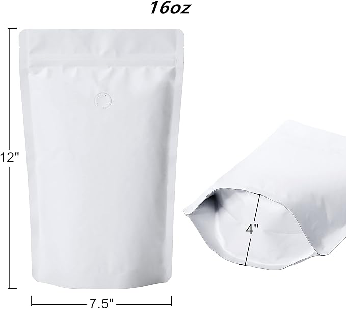 16 Ounce 50 Pieces White Kraft Coffee Bags with Ziplock - High Barrier Natural Kraft Paper Stand up Coffee Pouches with One Way Degassing Valve & Zipper (50, 16oz/1lb/500gram)