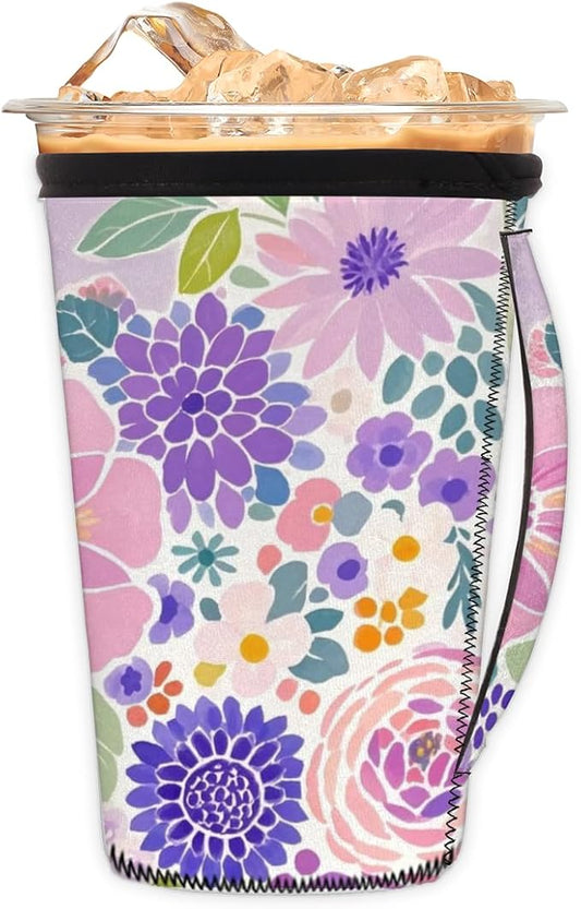 Purple Flower Reusable Insulator Coffee Sleeves for Drinks Beverages, Neoprene Holder with Handle for Most Coffee or Ice Drink, 30-32oz