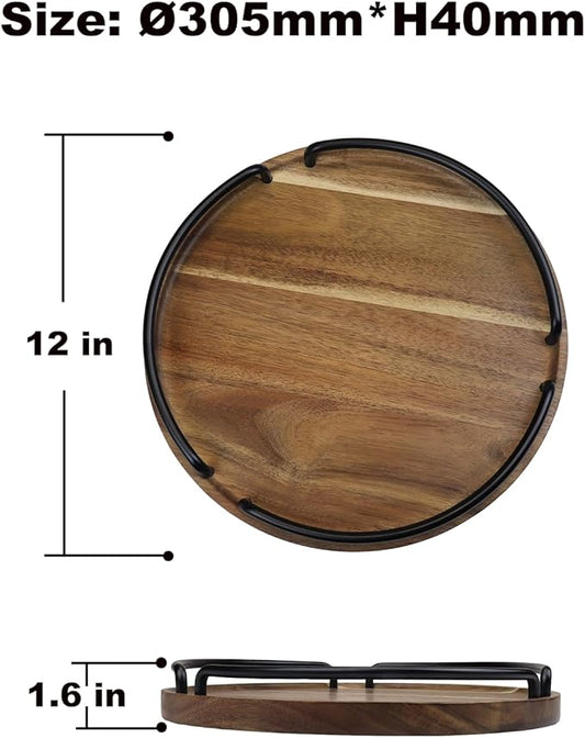 Round Wooden Serving Tray - Rustic Style Decorative Tray for Coffee Table, Living Room, Vanity - Acacia Wood Tray with Handles - Housewarming Gift - 12 Inches (Diameter)