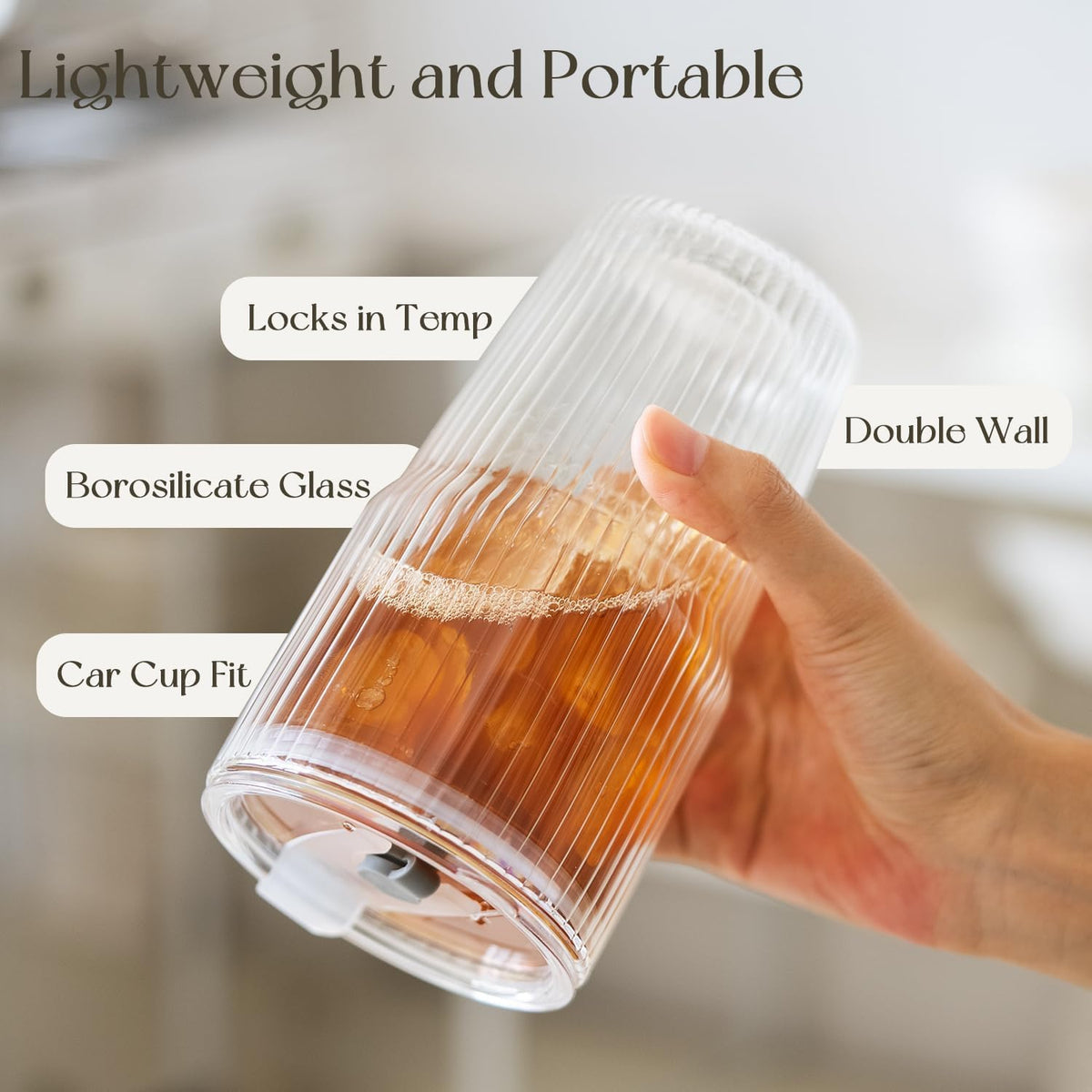 KEMORELA 16 oz Double-Wall Glass Tumblers with Lids & Straws, Set of 2