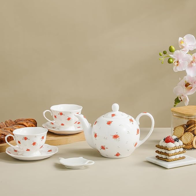 30oz FLoral Porcelain Teapot (4 Cups) - Elegant Ceramic Tea Pot with Vibrant Roses, Ideal for Loose Leaf & Bagged Tea, Dishwasher Safe