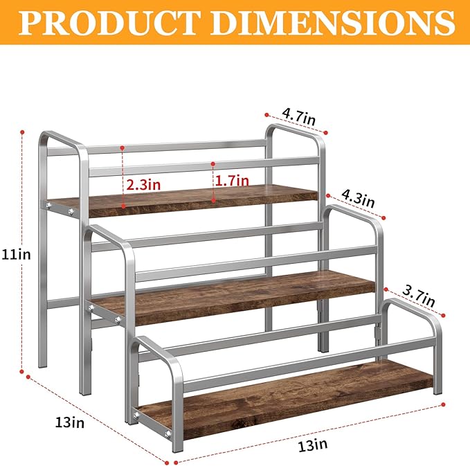 DTUQYX Coffee Syrup Organizer 3-Tier, 12 Bottles Capacity Coffee Syrup Rack, Syrup Stand for Spice, Wine, Liquor, Bottle, Coffee Bar Station Racks Magnetic, No Installation (Dark Wood, Grey)