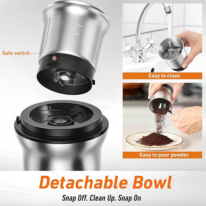 Secura Electric Coffee Grinder and Spice Grinder with 1 Stainless Steel Blades Removable Bowl, Dry Grinding