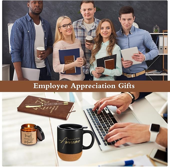 4 Pcs Thank You Gift Set for Men Women Employee Coworker Gifts Inspirational Appreciation Notebook Coffee Mug Scented Candle Pen for Valentine's Day Team Office Staff Teacher Nurse Volunteer