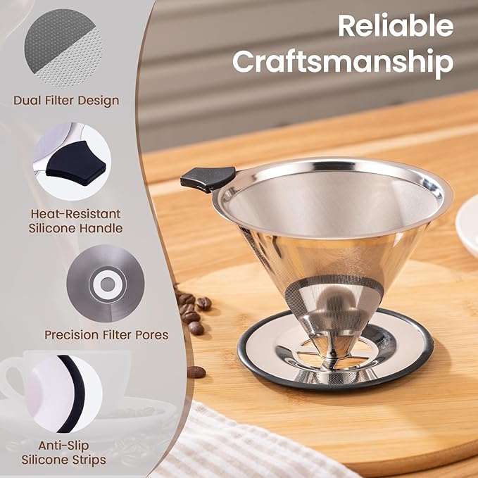 【2.0 Upgraded】Pour Over Coffee Dripper, Stainless Steel Reusable Coffee Filter with Non-Slip Base & Handle, Paperless Coffee Maker (silver)