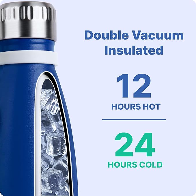 VINUR Kids Water Bottle-12 oz Stainless Steel Double Wall Vacuum Insulated Water Bottle for School-Cola Shape Flask with Carry Rope(Navy)