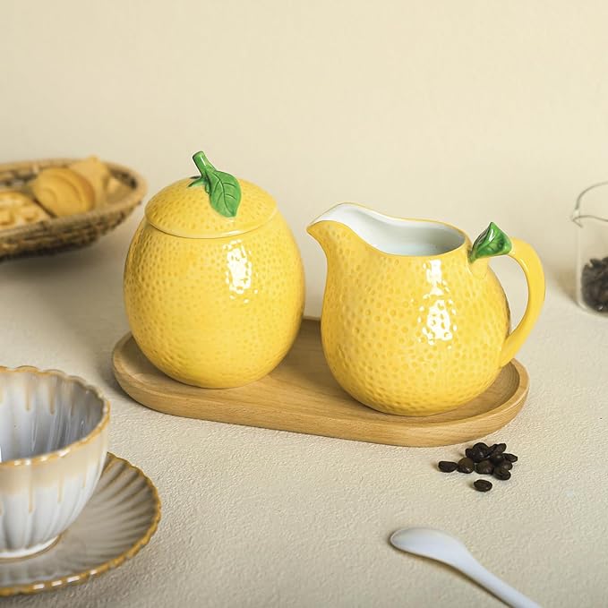 CHOOLD Ceramic Lemon Shape Creamer and Sugar Bowl Set, Cream Pitcher, Sugar Bowl with Lid, Coffee Serving Set