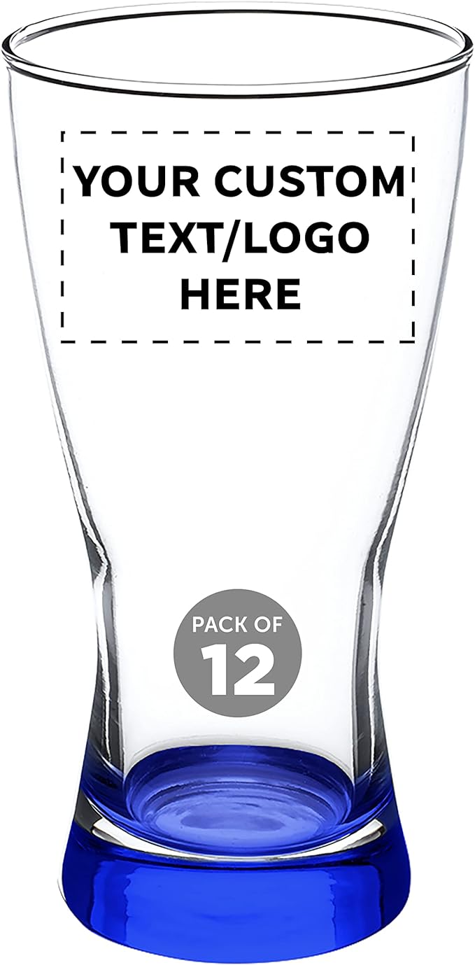 Custom Pilsner Glasses 13.25 oz. Set of 12, Personalized Bulk Pack - Made in the USA, Perfect for Hotels, Restaurants, Bars and Even Party Favors - Blue