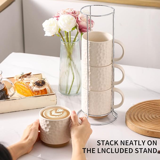 Nihow Ceramic Coffee Mug Set of 4, 16OZ Stackable Coffee Mug Set with Stainless Stand,Large Cup Set for Cappuccino,Tea,Hot/Cold Drinks,Dishwasher & Microwave Safe,Matte White