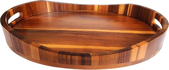 Acacia Wood Serving Tray with Handles, Premium Coffee Table Decor, 16.5”x12.5”, Oval Design, Breakfast in Bed, Decorative Ottoman Tray for Living Room, Serving Platter, Coffee Table, Candle Display