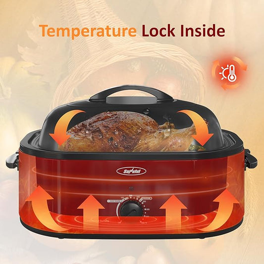 Sunvivi Electric Roaster,18 Quart Roasting Oven with Self-Basting Lid Removable Pan,Turkey Roaster Oven with 150 to 450F Temperature Control Cool-Touch Handles,Red