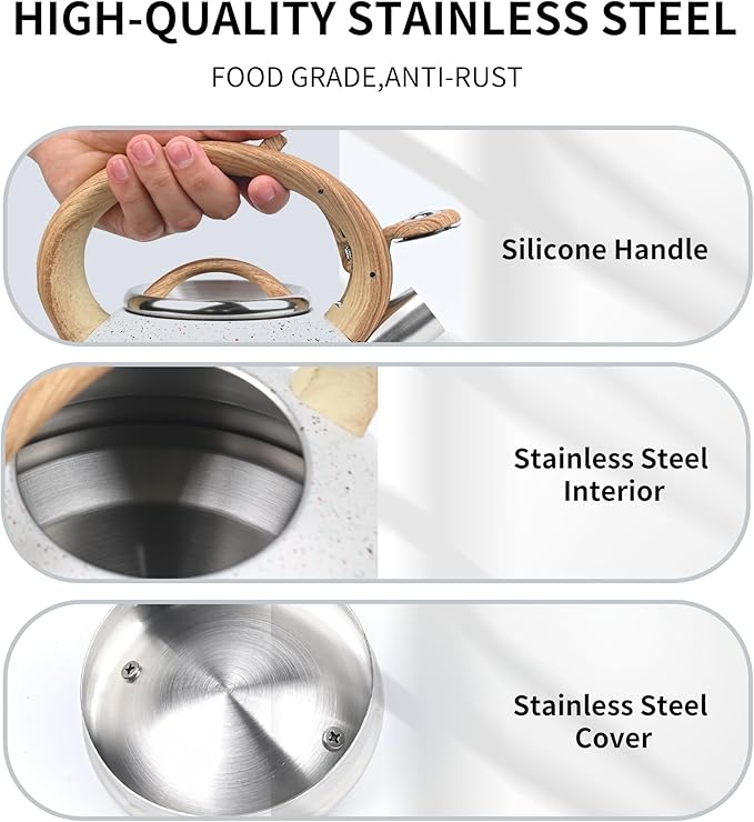 3 Quart Stainless Steel Whistling Tea Kettle – Natural Stone Finish Teapot with Cool-Touch Wood Handle, Loud Whistle & Rust-Resistant Base(white)