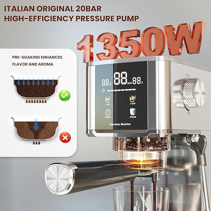 WAA 20 Bar Craft Barista-Grade Espresso, Upgraded 1350W Espresso Machine Stainless steel with Steam Frothing Wand, 1.2L Water Tank and Cup Warmer, Suitable for Espresso, Cappuccino and Latte (Silver)