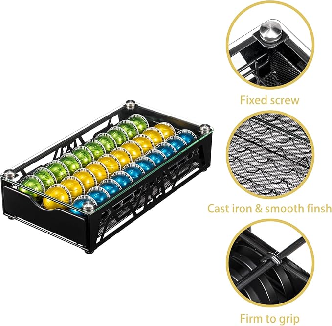 ZCDCP Pod Holder - Modern Sleek Black Metal Capsule Organizer for Nespresso Pod Storage Glass Top, Stylish Coffee Machine Stand for Coffee Bar, Office or Home Kitchen(30 Pods Capacity)