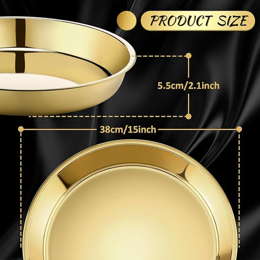 Thenshop 3 Pcs 15 Inch Gold Round Serving Tray Stainless Steel Circle Decorative Vanity Gold Plate Metal Jewelry Makeup Organizer Dishes for Gift Wedding Coffee Table Bathroom Dessert Christmas