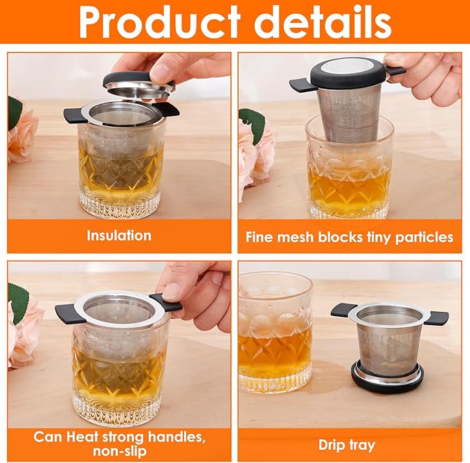 2 Pcs Tea Strainers for Loose Tea Stainless Steel Tea Steeper Large Capacity Tea Infuser Fine Mesh Tea Diffuser with Silicone Lid and Heat Proof Double Handles for Teapots Cups Mugs