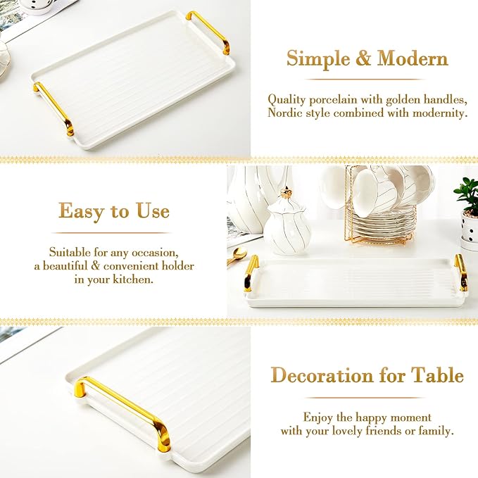 DUJUST Porcelain Serving Tray with Golden Handles, Modern Nordic Style Coffee Table Tray, Beautiful Tea Tray Decor for Living Room, Easy to Use & Clean