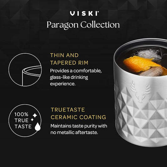 Viski Paragon Cocktail Tumbler Insulated Cocktail Cup, Insulated Ceramic Lined Rocks Tumbler, Stainless Steel Whiskey Glass Blue 12oz Set of 1