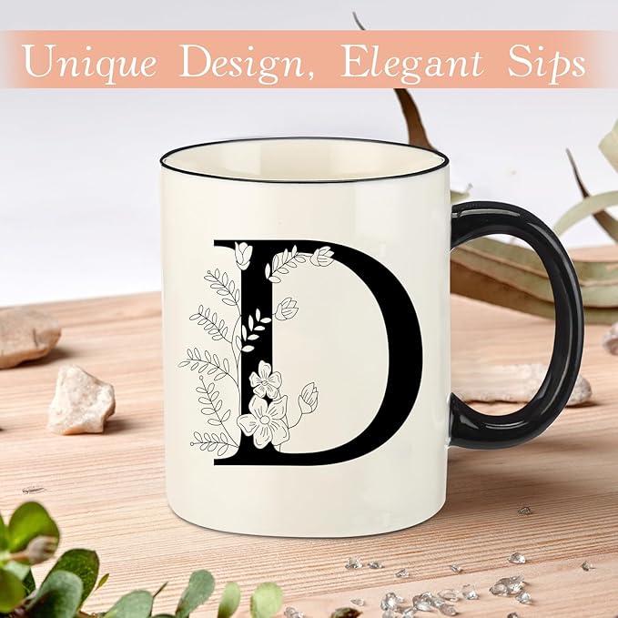 Monogram Ceramic Coffee Mugs, 11 oz Initial Drinking Cup with Gift Box, Unique Birthday Christmas Gifts for Women Wife Mothers Day Grandma Mom Aunt, D