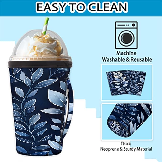 Reusable Iced Coffee Cup Sleeve Leaf Plants Neoprene Insulated Sleeves Cup Holder with handle Idea for 16oz - 18oz