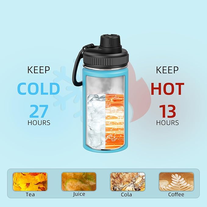 SASEUM Kids Sport Water Bottle 12oz Stainless Steel Double Wall Vacuum Thermal Mug with Leak Proof Spout Lids, Wide Mouth Metal Insulated Water Jug for Gym and Travel（Sky Blue）