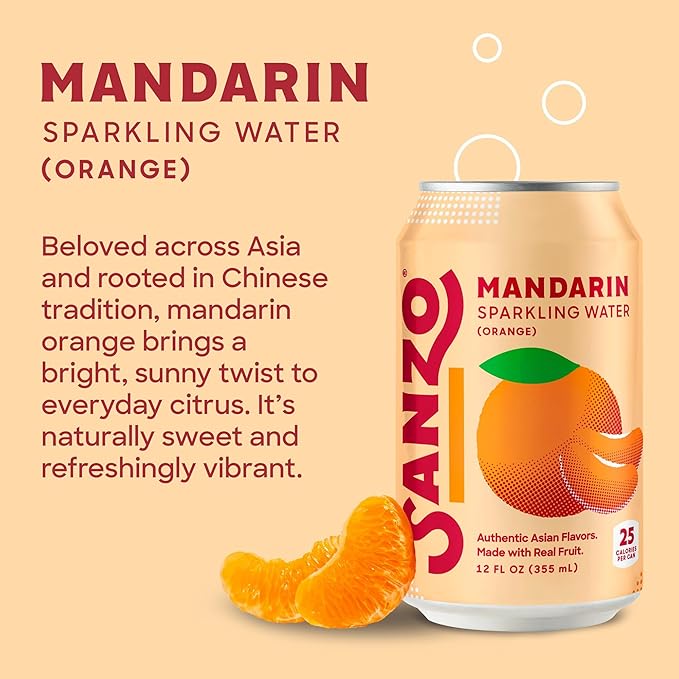 Sanzo Flavored Sparkling Water - Mandarin Orange Seltzer - Low Calorie Low Sugar - Craft Asian Drinks - Vegan Gluten Free Carbonated Flavored Water - Fizzy Healthy Drinks - 12oz, 12 Pack
