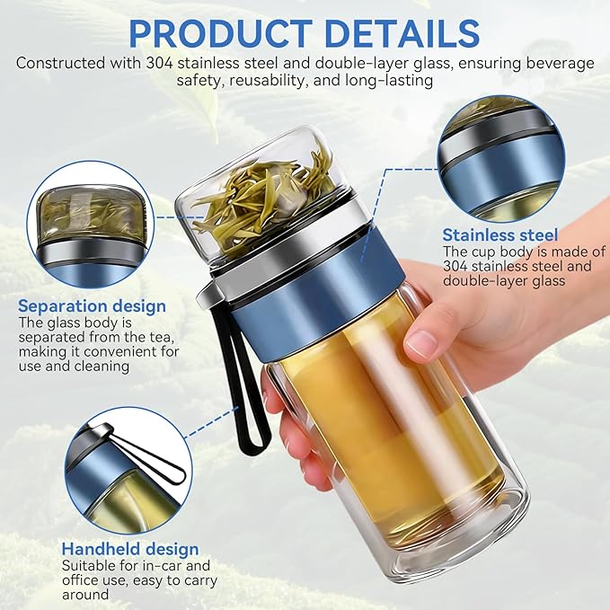 Glass Tea Infuser Bottle, Double Wall Portable Tumbler Mug Travel Tumbler Mug Men Tea Infuser Water Bottle (Blue)