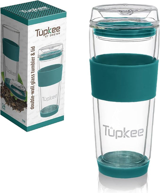 Tupkee Double Wall All Glass Tumbler - 14-Ounce, Reusable Insulated Tea/Coffee Mug & Lid, Hand Blown Glass Travel Mug - Cyan- 2 Pack