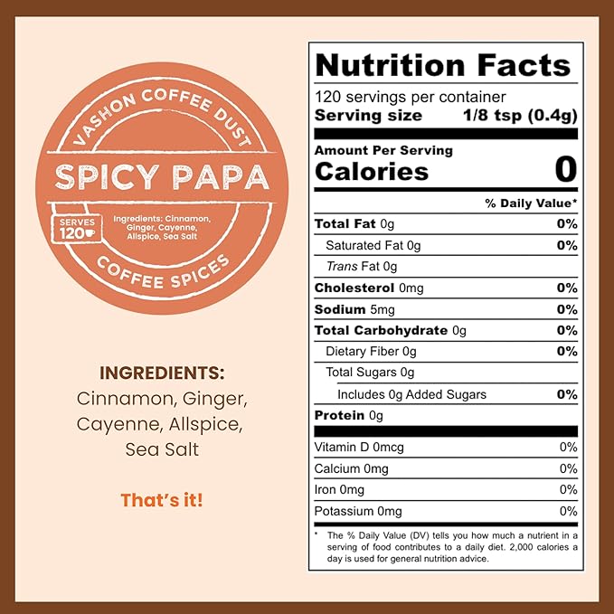 Coffee Dust Flavoring Powder, Spicy Papa (120 Servings) – All Natural Coffee Syrup Alternative - Adds Flavor, Aroma, Taste & Wellness to Drinks, Tea & Foods - Creamer Alternative