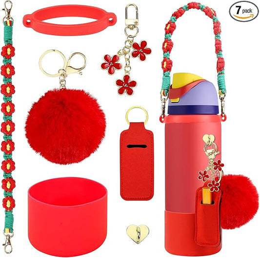 Compatible for Owala Accessories Bundle: Silicone Boot for 24oz & 32oz Bottles, Charms, Handle, Strap, Rubber Bottoms, and Decorative Add-ons for Your Compatible for Owala Water Bottle, Red