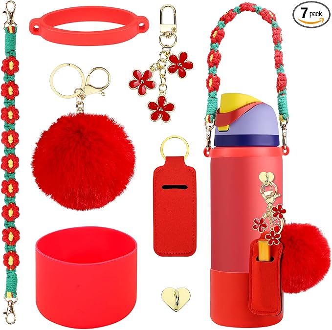 Compatible for Owala Accessories Bundle: Silicone Boot for 24oz & 32oz Bottles, Charms, Handle, Strap, Rubber Bottoms, and Decorative Add-ons for Your Compatible for Owala Water Bottle, Red