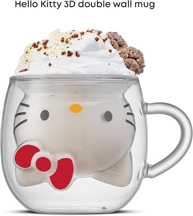 JoyJolt Hello Kitty 3D Espresso Cup, 5.5 oz Double Wall Glass Cup with 3D Design, Insulated Espresso Shot Glass, Kawaii Sanrio Cup for Double Shot Coffee or Tea, Hello Kitty Kitchen Stuff