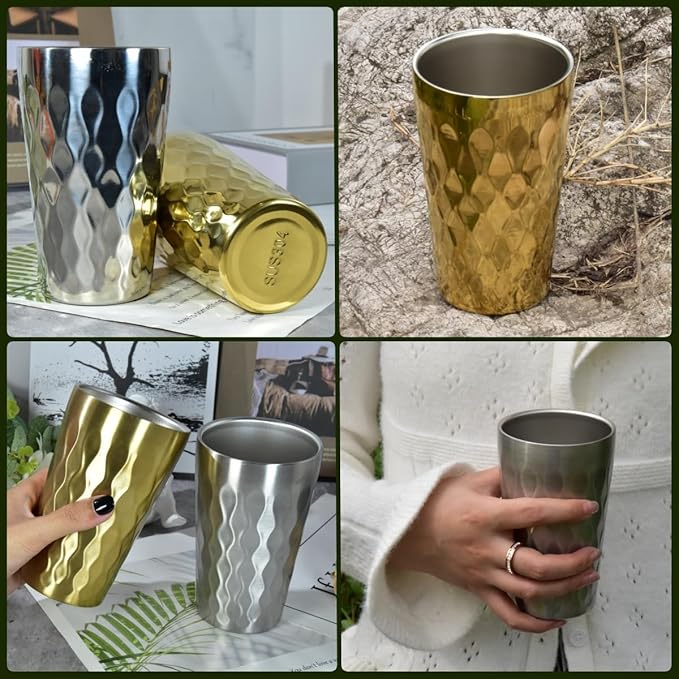 AGH 6 Pack Stainless Steel Kids Cups, 12oz Double Layer Insulated Metal Drinking Cups for Camping, Parties & Outdoors (Matte Silver)