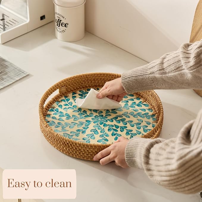 YANGQIHOME Round Rattan Tray with Handle, Mother of Pearl Inlay Decorative Wicker Basket for Coffee, Bread, Fruits, Serving Tray for Home Decor, Blue Clover