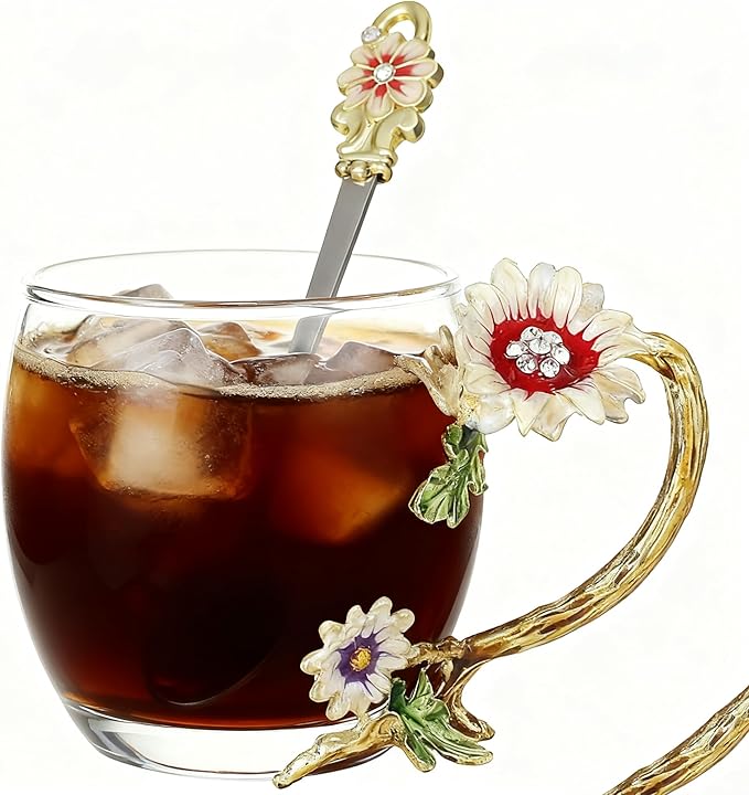 Flower Glass Tea Cup With Spoon Set, Ideal Gift For Mothers Wife Grandma Women Friends On Valentines Day Christmas Birthday, Durable Coffee Mug (Chrysanthemum, 11 OZ)
