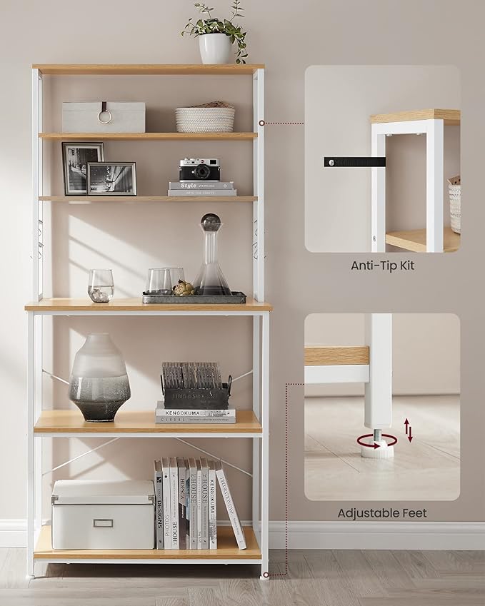 VASAGLE Coffee Bar, 31.5 Inches Baker's Rack for Kitchen with Storage, 6-Tier Kitchen Shelves with 6 Hooks, Microwave Stand, Modern, Golden Oak and Cloud White UKKS019W09