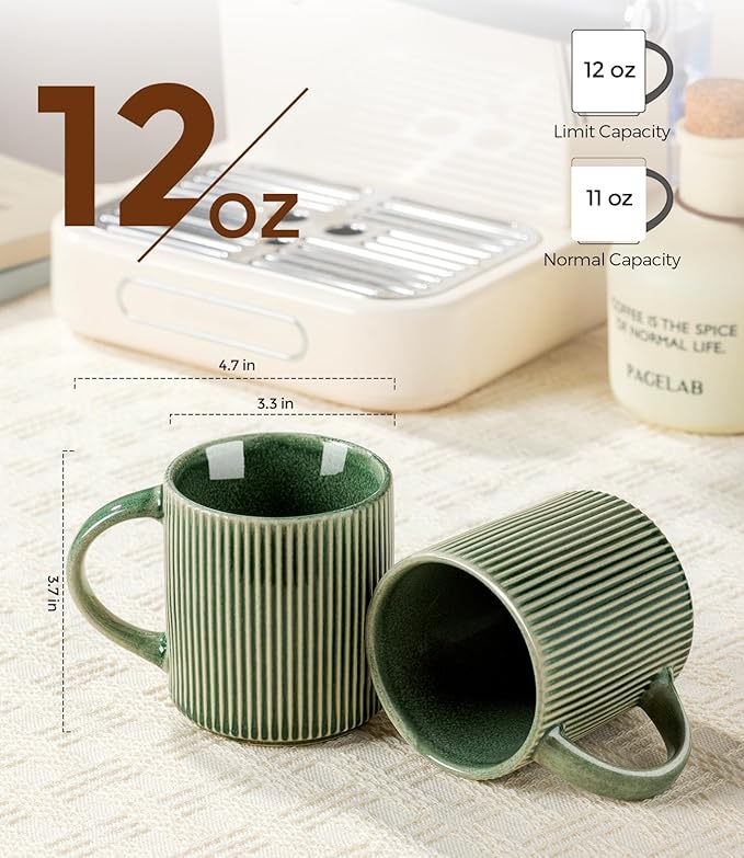 GBhome Coffee Mugs Set for 6, 12oz Coffee Cups with Handle for Man,Woman,Dad,Mom, Stoneware Mugs Sets for Coffee, Latte,Tea, Hot Cocoa, Milk, Dishwasher&Microwave Safe, Dark Green