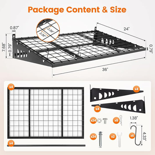 Garage Shelving 2x3ft 4-Pack, Garage Storage Rack 24"x36" Metal Shelves Black Wall Mounted with rods & 6 Hooks, Heavy Duty Wall Shelving Floating Shelves, 1200lbs Total load Capacity