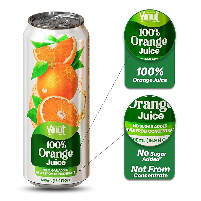 VINUT 100% Orange Juice, No Added Sugar, Never From Concentrate, 16.9 fl oz (500 mL) Can, Pack of 12