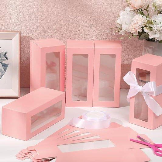 Honoson 24 Pcs Tumbler Gift Box with Ribbon for Sublimation Glass Exhibition Boxes Transparent for 12oz 16oz 20oz Drinking Cup Glasses Jars Mug Can Blanks(Pink)