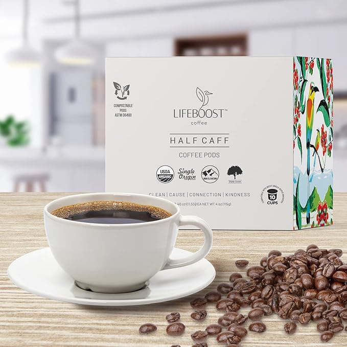 Lifeboost Half Caff Coffee K Cups - Low Acid Half Caff Coffee Pods - Non-GMO Mold Free Pods Compatible with Keurig & Keurig 2 - Third Party Tested for Mycotoxins and Pesticides - 10 Count