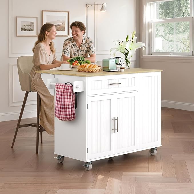 Kitchen Island with Storage, 43.3" Island Table for Kitchen with Widen Drop Leaf Rubberwood Top, Trash Can Storage and Towel Bar, Rolling Kitchen Island Cart on Wheels for Indoor Outdoor, White
