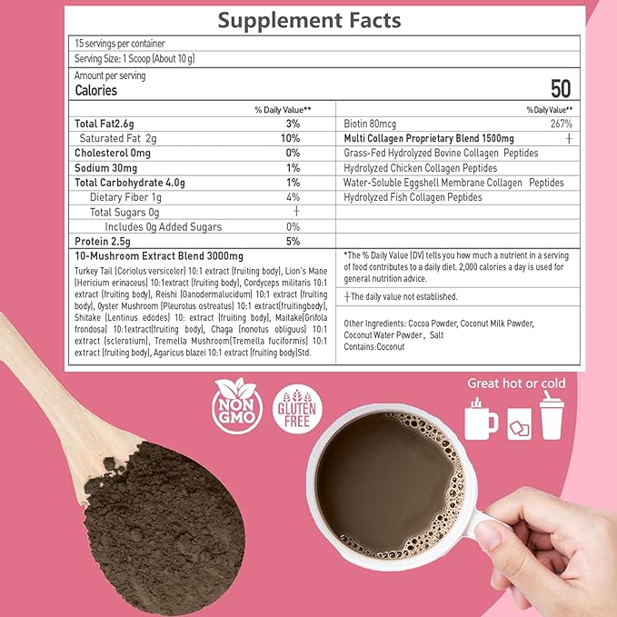 10 Mushroom Hot Cocoa, 1500mg Collagen, 80mcg Biotin, Sugar Free Keto Cocoa Powder, for Healthy Hair, Skin and Nails, 15 Servings