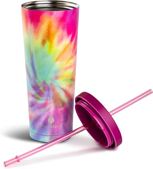 Manna Chilly Double-wall Vacuum Insulated Stainless Steel Tumbler with Splash-proof Lid and Reusable Tritan Straw - 24 Oz - Bright Swirl