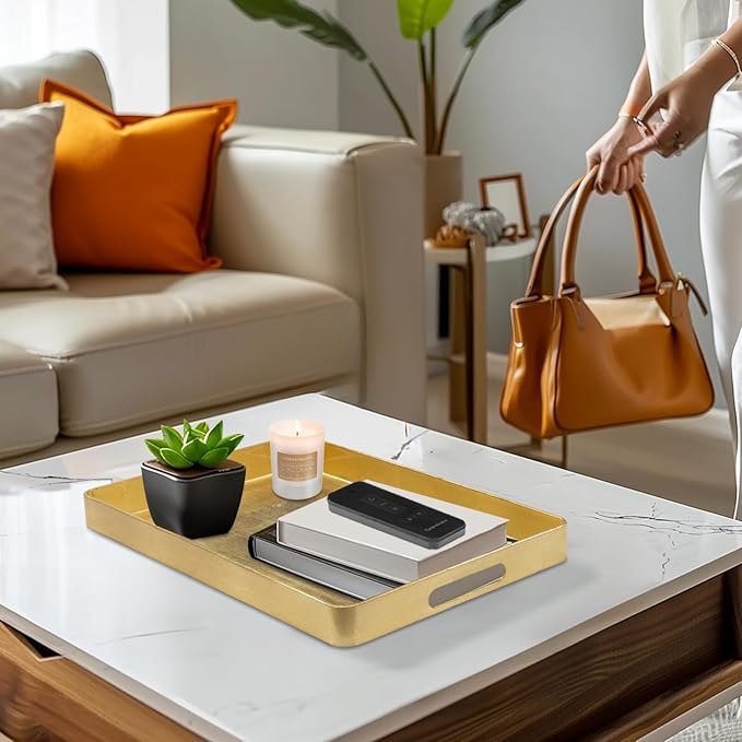 MAONAME Gold Decorative Tray with Handles, Foil Serving Tray for Ottoman, Rectangular Coffee Trays for Living Room, Bathroom, 16.7" L x 11.8" W x 1.6" H